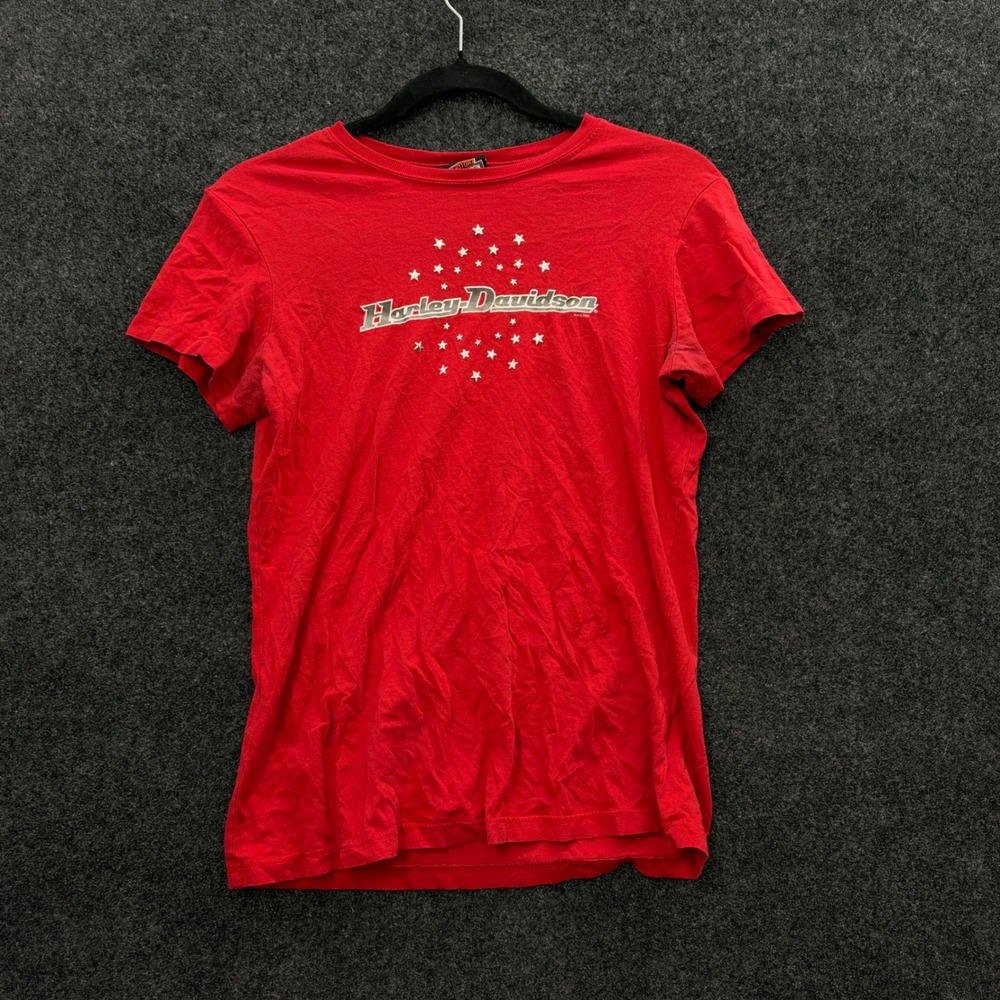 Vintage 2003 Harley-Davidson Red Star Studded Graphic T-Shirt Denton Texas L